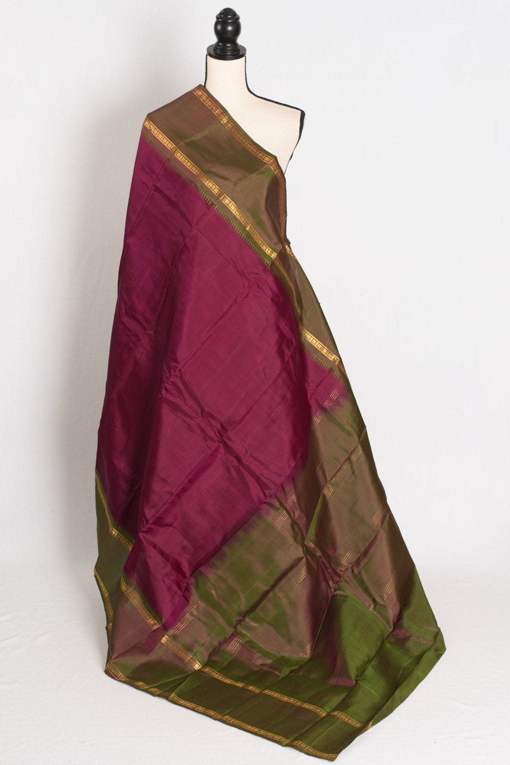 Giri: Maroon and Green Kanjivaram Silk Saree with Thread Work and No Zari