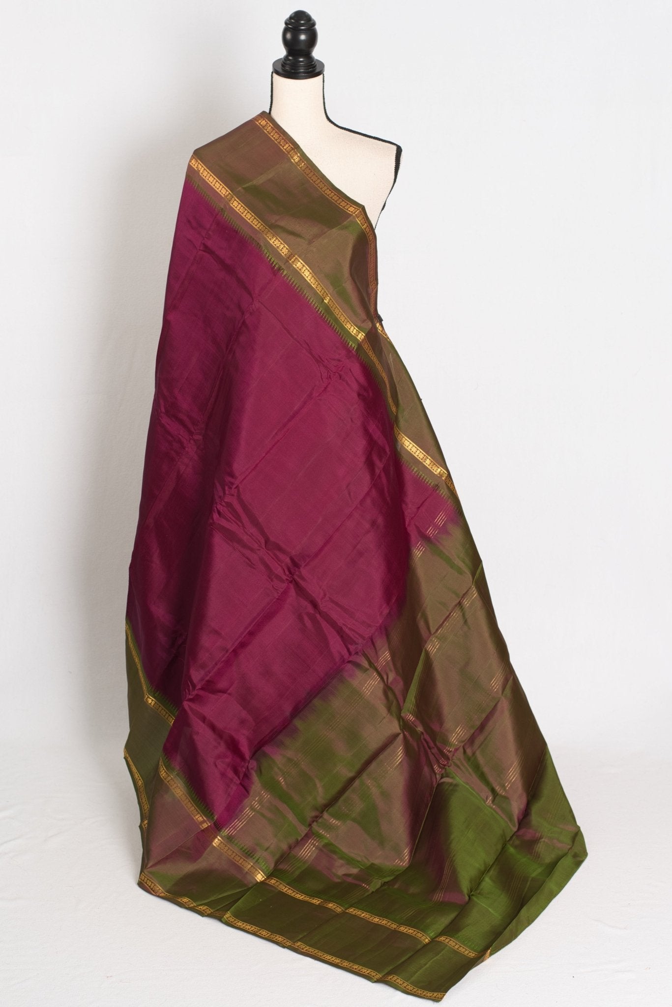 Giri: Maroon and Green Kanjivaram Silk Saree with Thread Work and No Zari