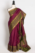 Giri: Maroon and Green Kanjivaram Silk Saree with Thread Work and No Zari