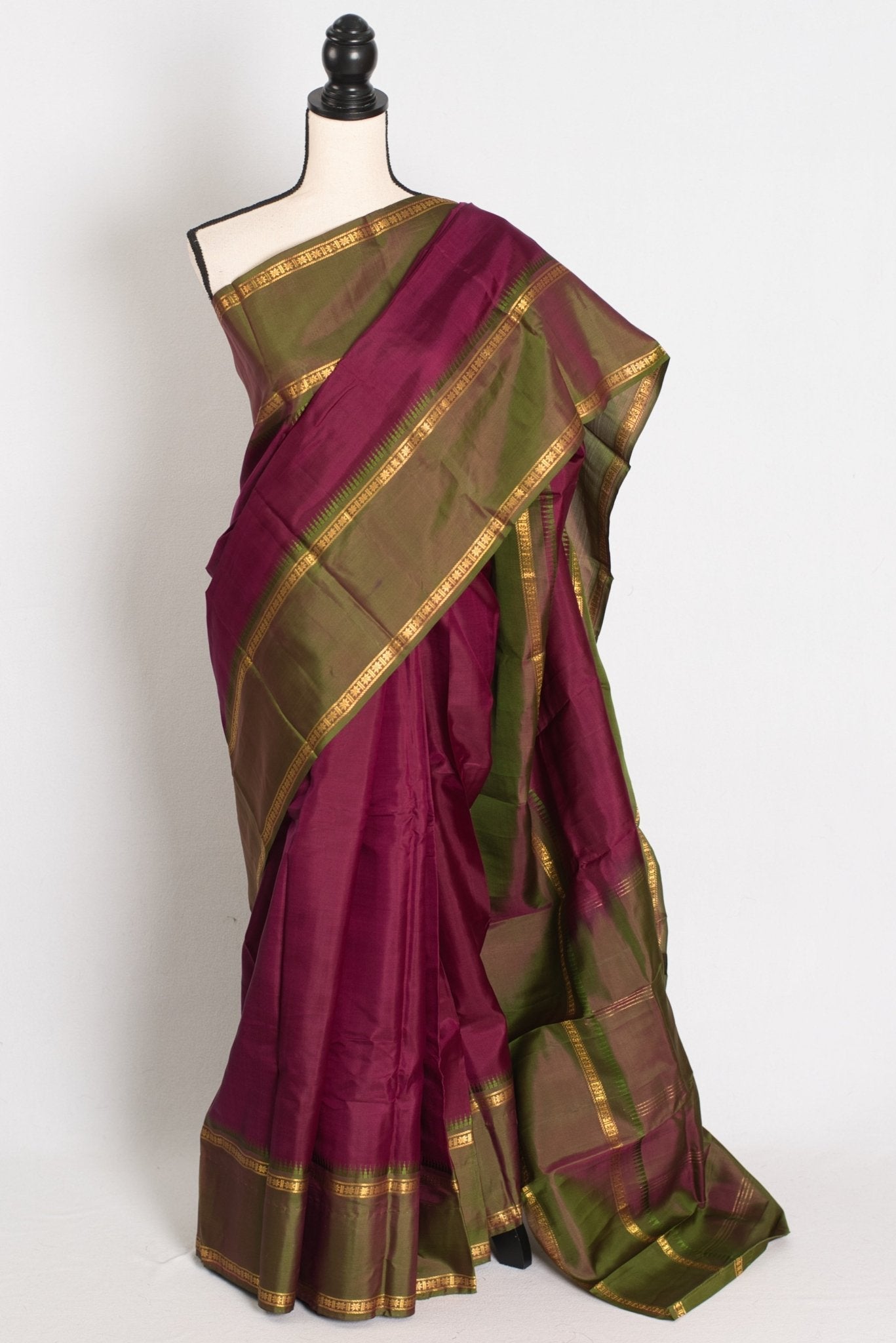 Giri: Maroon and Green Kanjivaram Silk Saree with Thread Work and No Zari