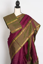 Giri: Maroon and Green Kanjivaram Silk Saree with Thread Work and No Zari