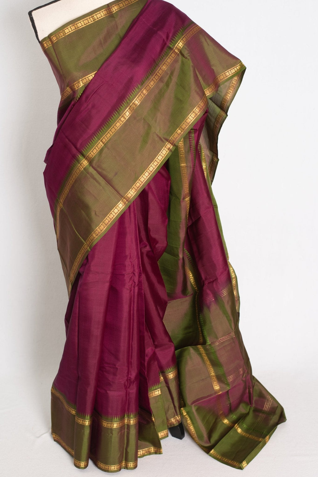 Giri: Maroon and Green Kanjivaram Silk Saree with Thread Work and No Zari