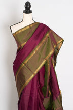 Giri: Maroon and Green Kanjivaram Silk Saree with Thread Work and No Zari