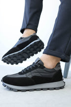 Black Leather Lug-Sole Sneakers for Men | Wessi