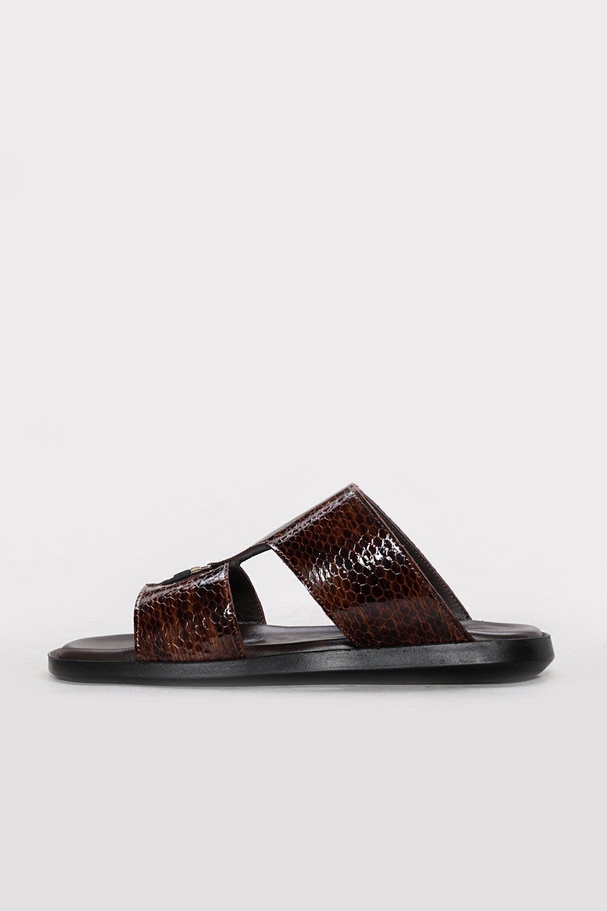 Brown Reptile-Textured Leather Double-Band Slides for Men | Wessi