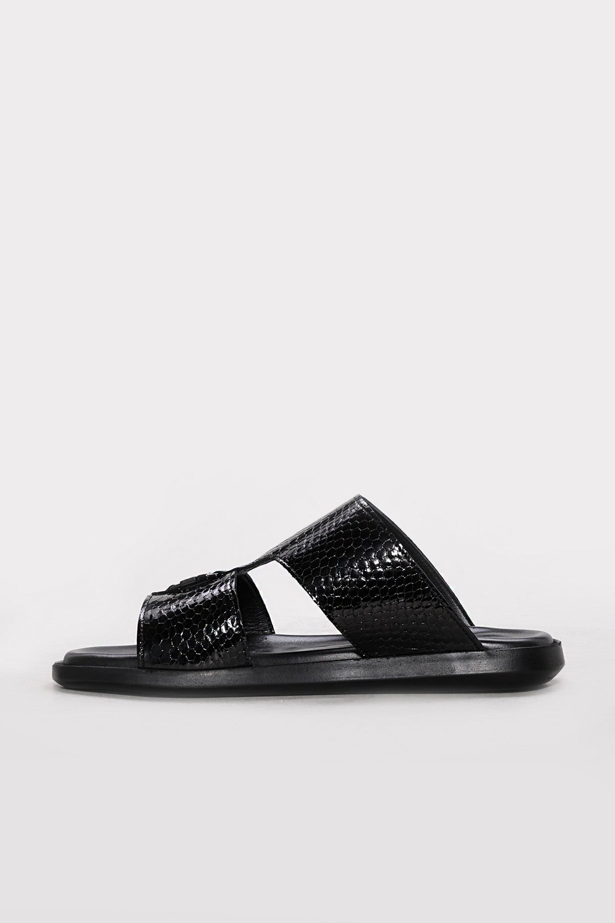 Black Embossed Leather Double-Strap Sandals for Men | Wessi