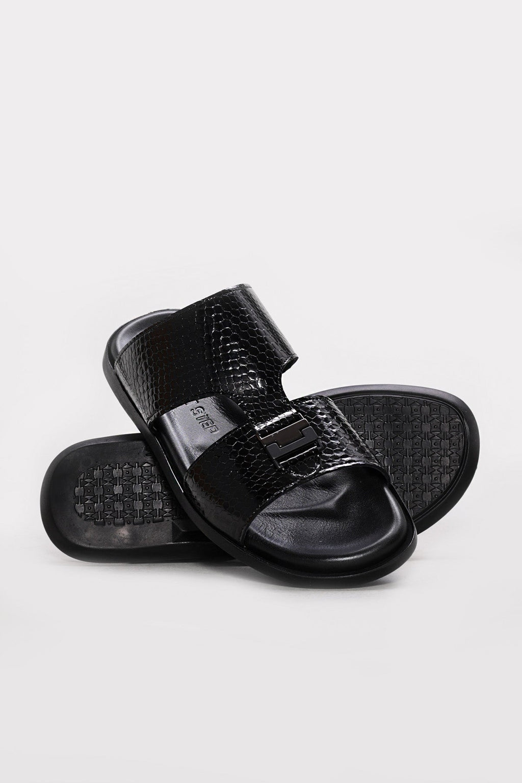 Black Embossed Leather Double-Strap Sandals for Men | Wessi