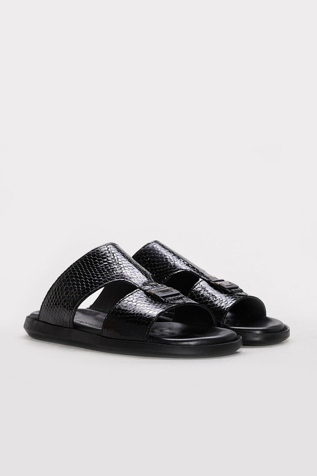 Black Embossed Leather Double-Strap Sandals for Men | Wessi
