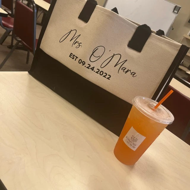 Mrs. Last Name Est Year Tote Bag Personalized Date Wedding Tote Bridal Shower Gift Honeymoon Gift Customized Wedding Gift Bridesmaid Gift