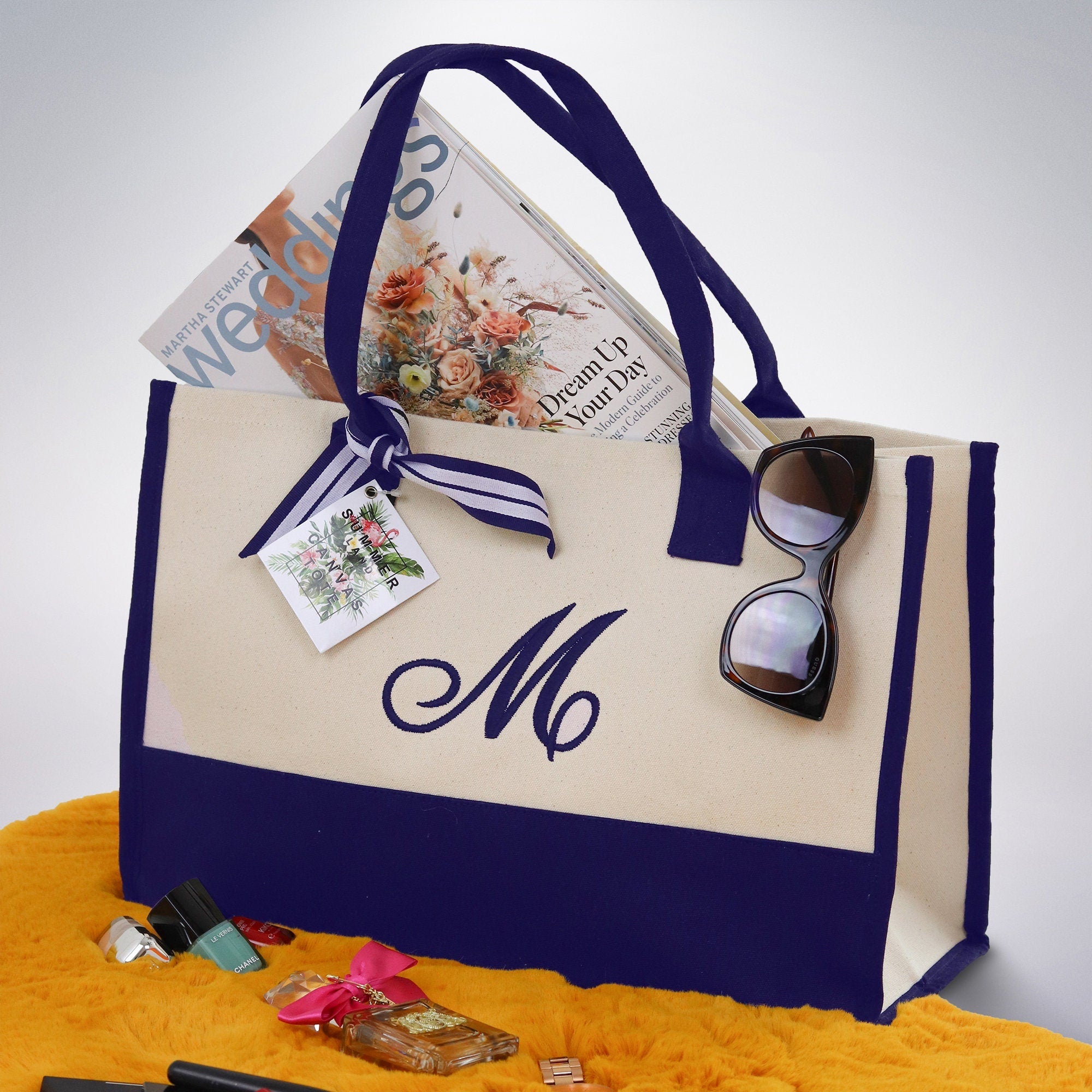 Tote bag aesthetic Embroidery Initial Monogram Large Tote Bag , 100% Cotton Canvas, Bridesmaid Bachelorette Gift Navy