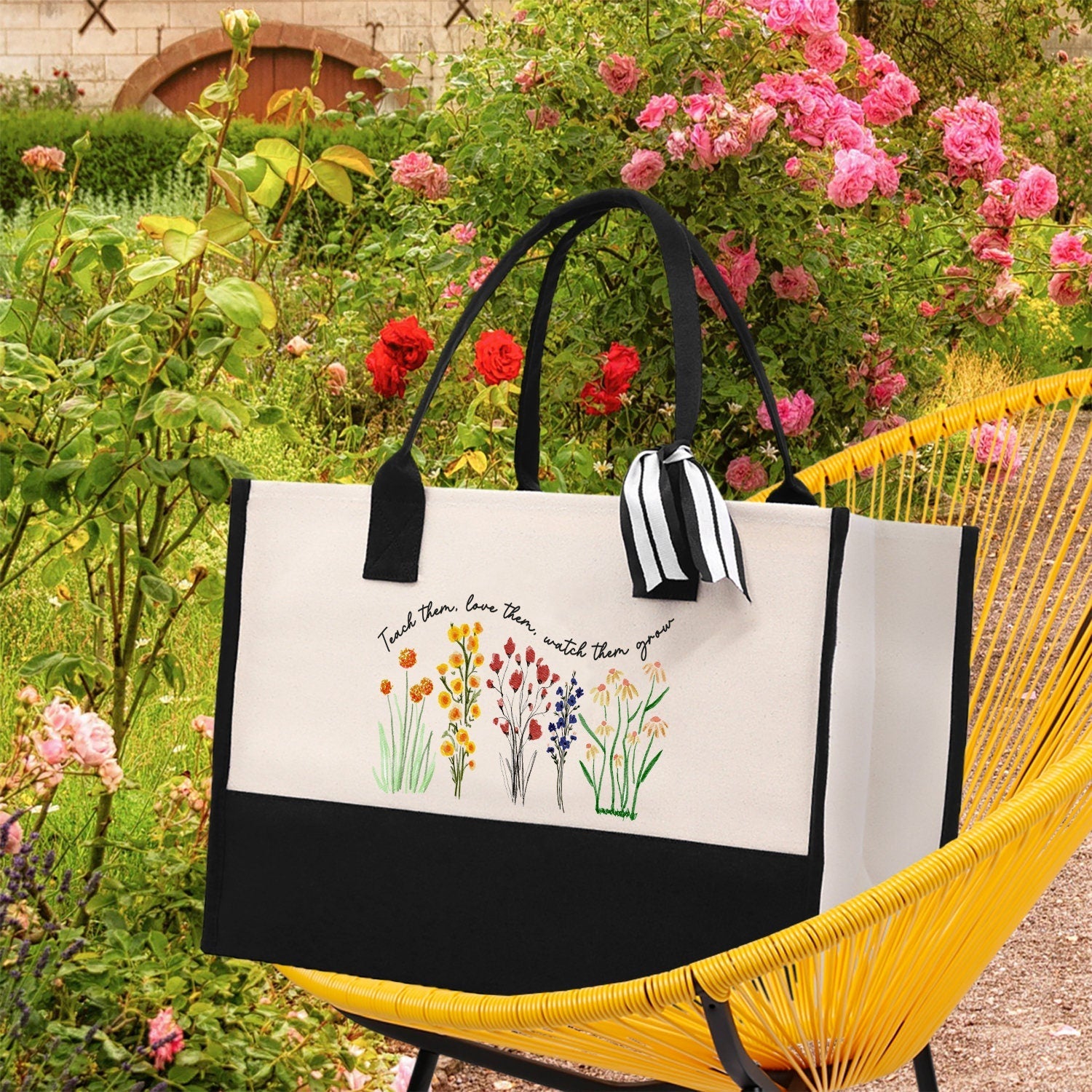 Teacher Floral Tote Bag Teacher Wildflower Graphic Tote Teacher Life Tote Bag Teacher Flower Bag Gift for Teacher Wildflower Book Bag