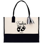 Baby Feet Personalized Name and Date Tote Bag for New Mom Pregnant Mom Shower Gift Baby Footprints Labor & Delivery Chick Tote Carrying Bag