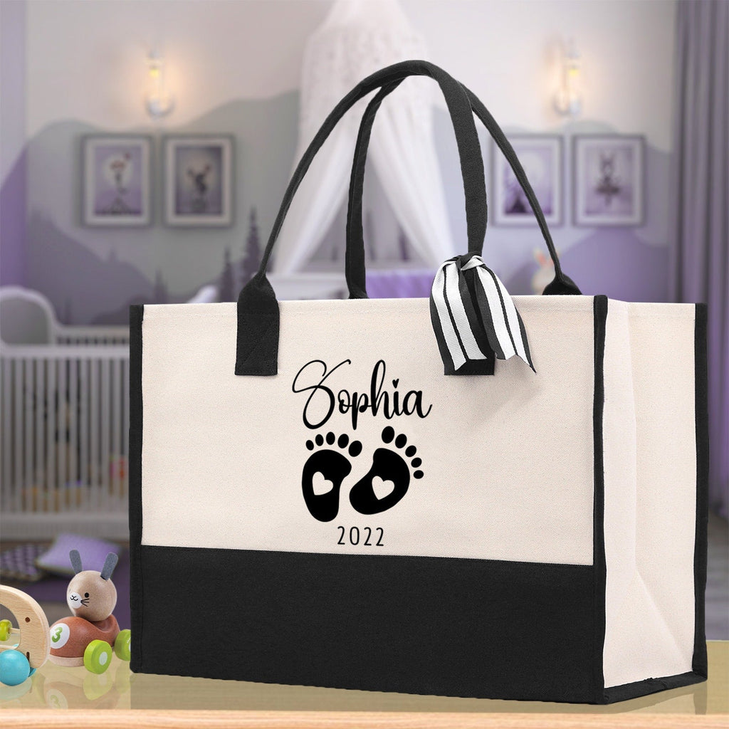 Baby Feet Personalized Name and Date Tote Bag for New Mom Pregnant Mom Shower Gift Baby Footprints Labor & Delivery Chick Tote Carrying Bag