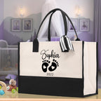 Baby Feet Personalized Name and Date Tote Bag for New Mom Pregnant Mom Shower Gift Baby Footprints Labor & Delivery Chick Tote Carrying Bag