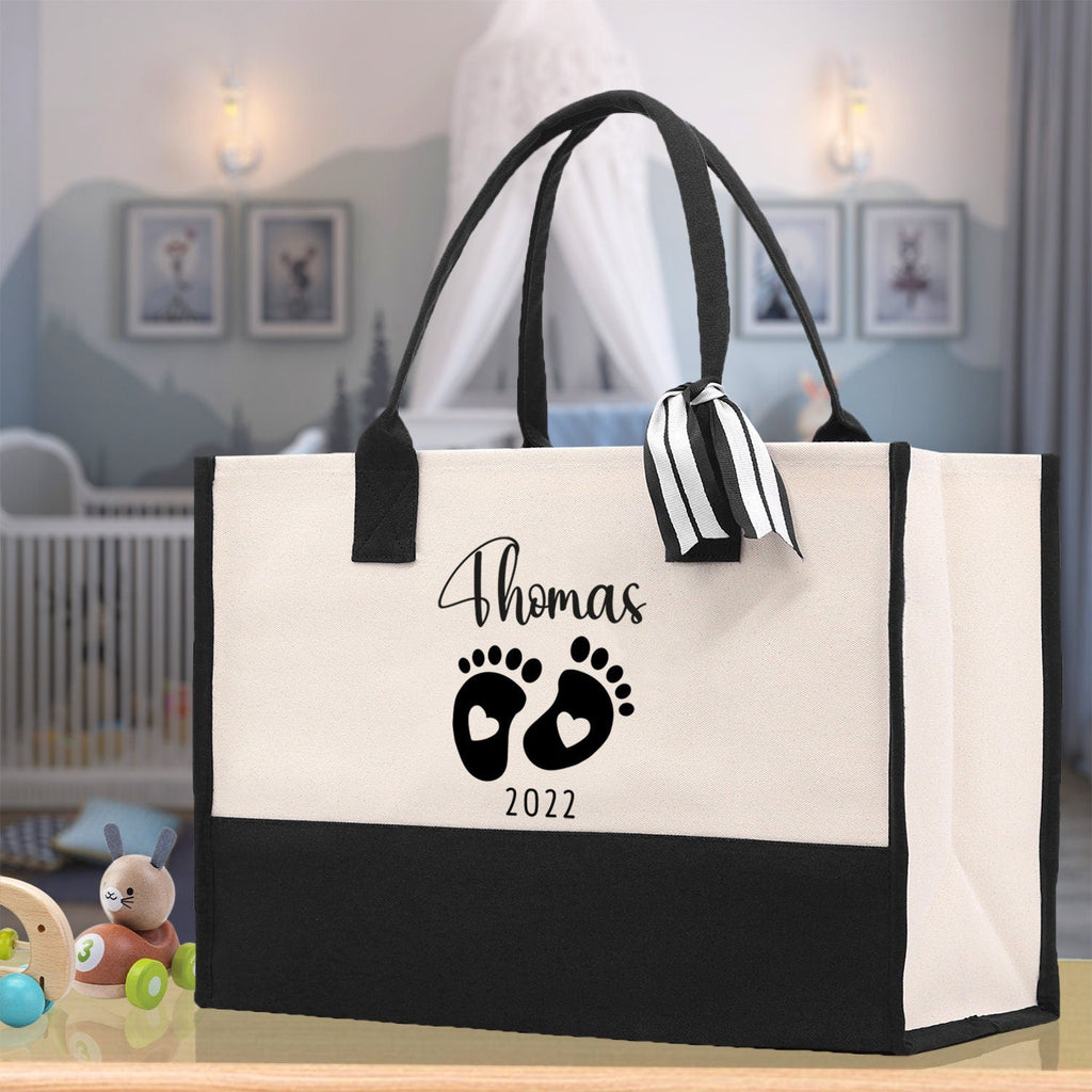 Baby Feet Personalized Name and Date Tote Bag for New Mom Pregnant Mom Shower Gift Baby Footprints Labor & Delivery Chick Tote Carrying Bag