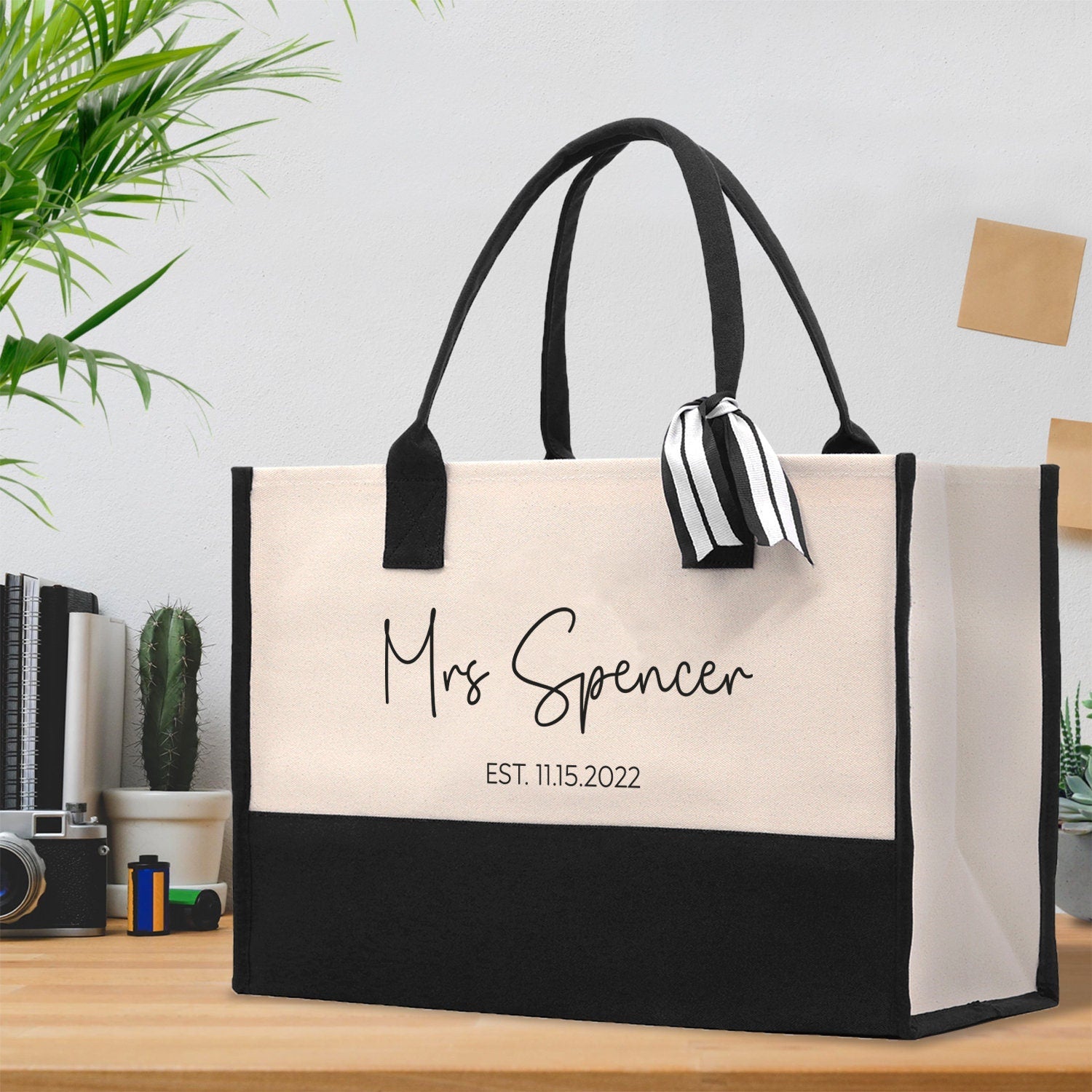 Mrs. Last Name Est Year Tote Bag Personalized Date Wedding Tote Bridal Shower Gift Honeymoon Gift Customized Wedding Gift Bridesmaid Gift