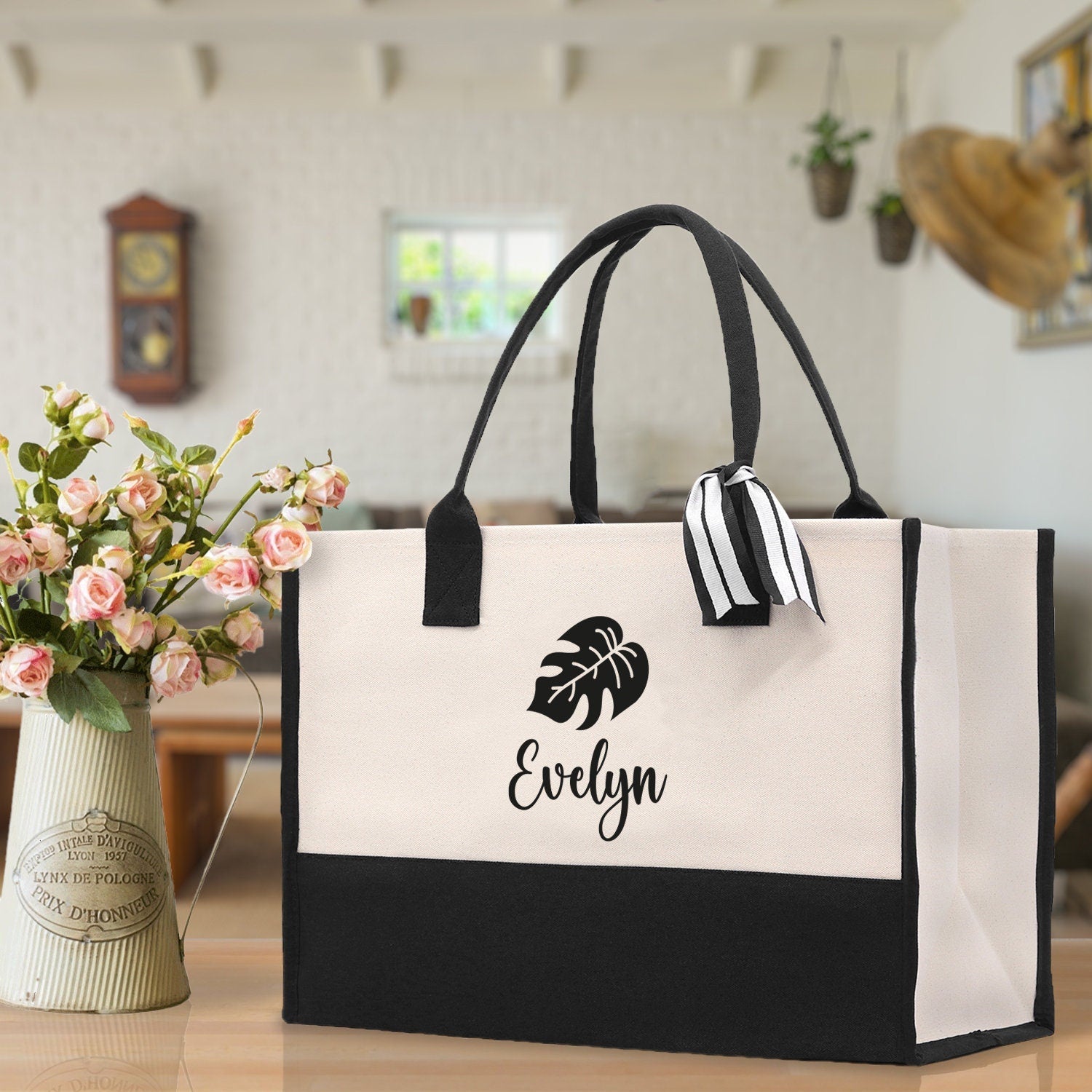 Tropical Leaf with Name Custom Wedding Tote Palm Leaf Bridesmaid Tote Bag Personalized Bride Gift Honeymoon Gift Wedding Bridal Party Gift