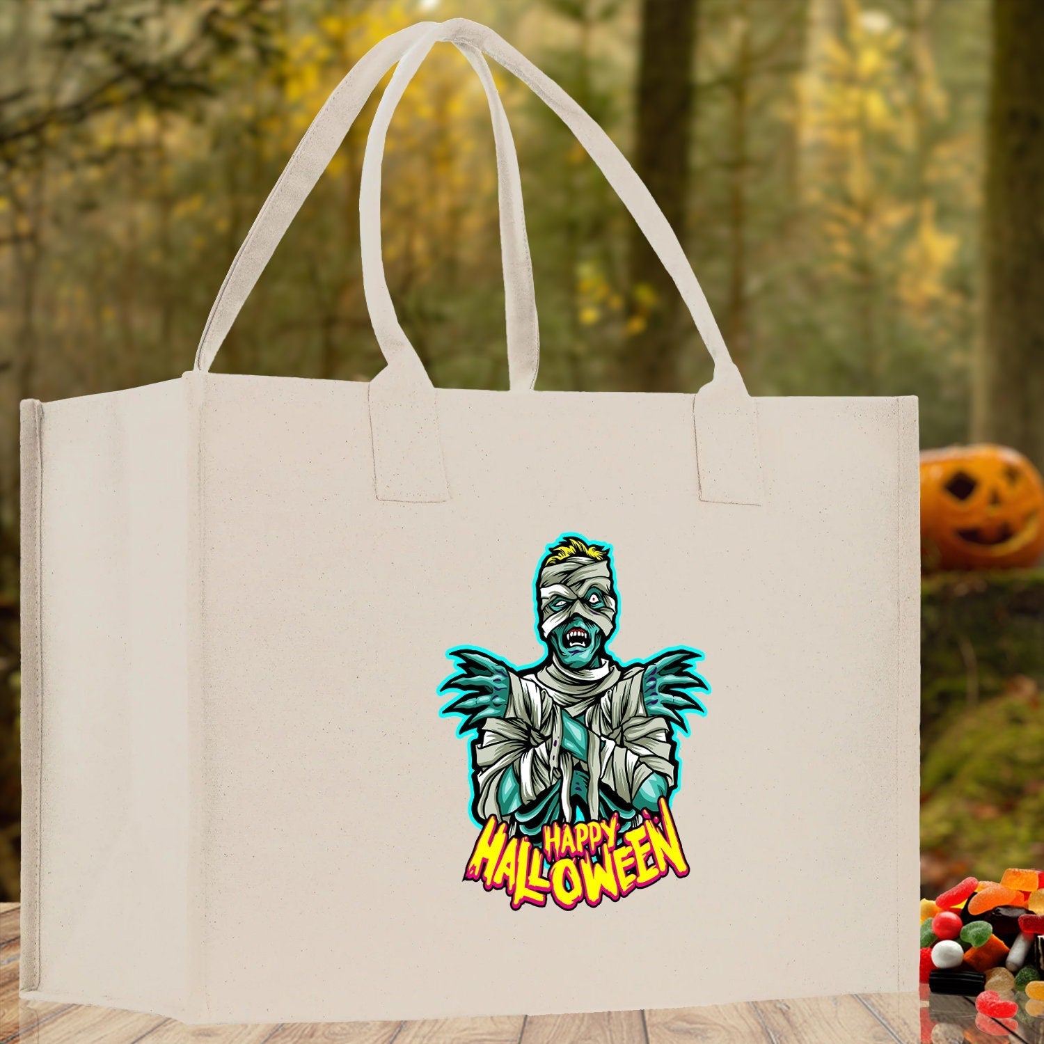 Halloween Trick or Treat Tote Bag Halloween Tote Bag for Kids Halloween Gift Halloween Candy Bag Halloween Doodles Cute Canvas Tote Bag