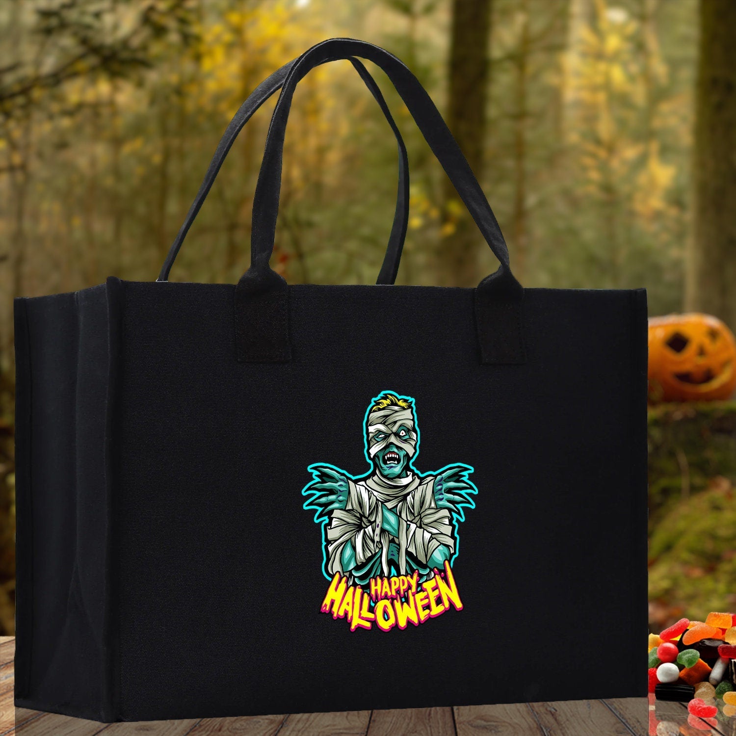 Halloween Trick or Treat Tote Bag Halloween Tote Bag for Kids Halloween Gift Halloween Candy Bag Halloween Doodles Cute Canvas Tote Bag