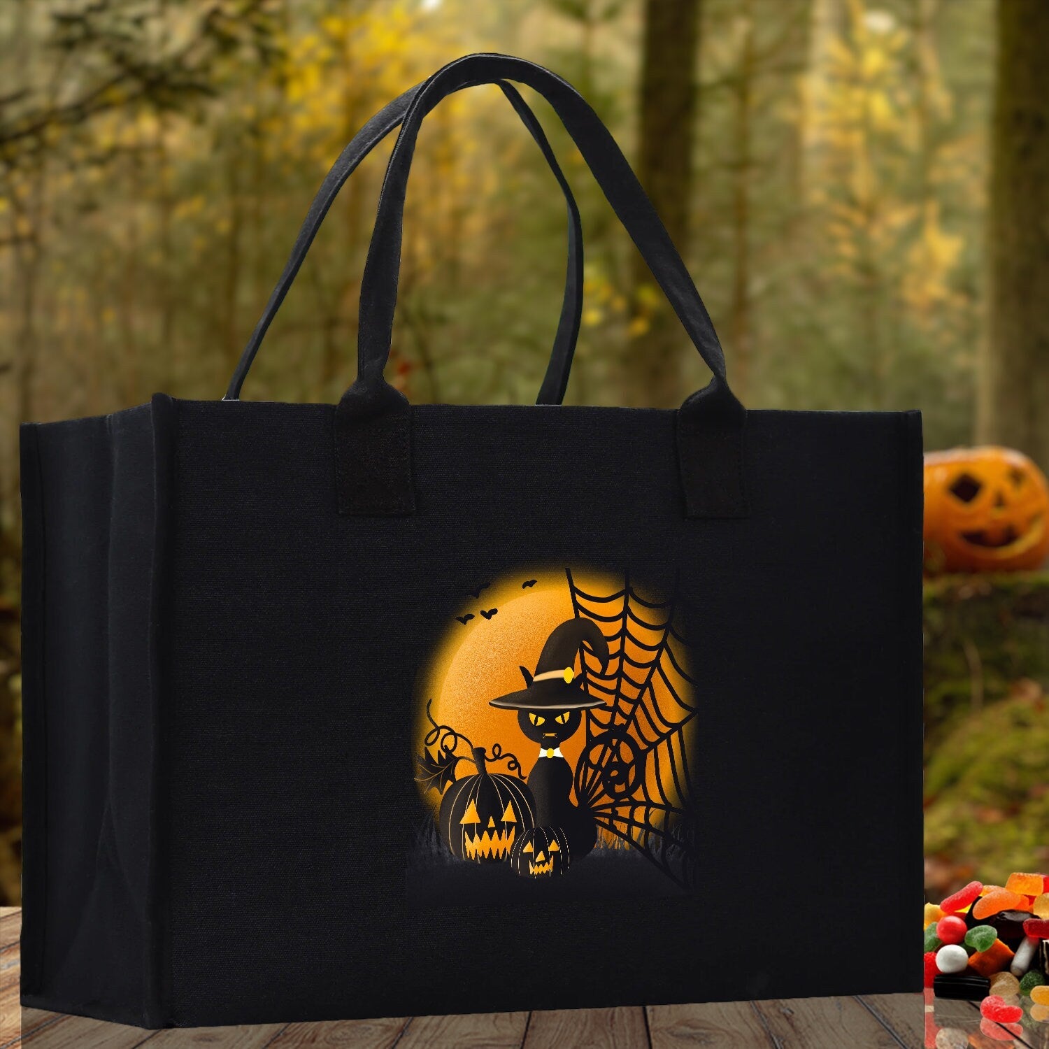 Halloween Trick or Treat Tote Bag Halloween Tote Bag for Kids Halloween Gift Halloween Candy Bag Halloween Doodles Cute Canvas Tote Bag