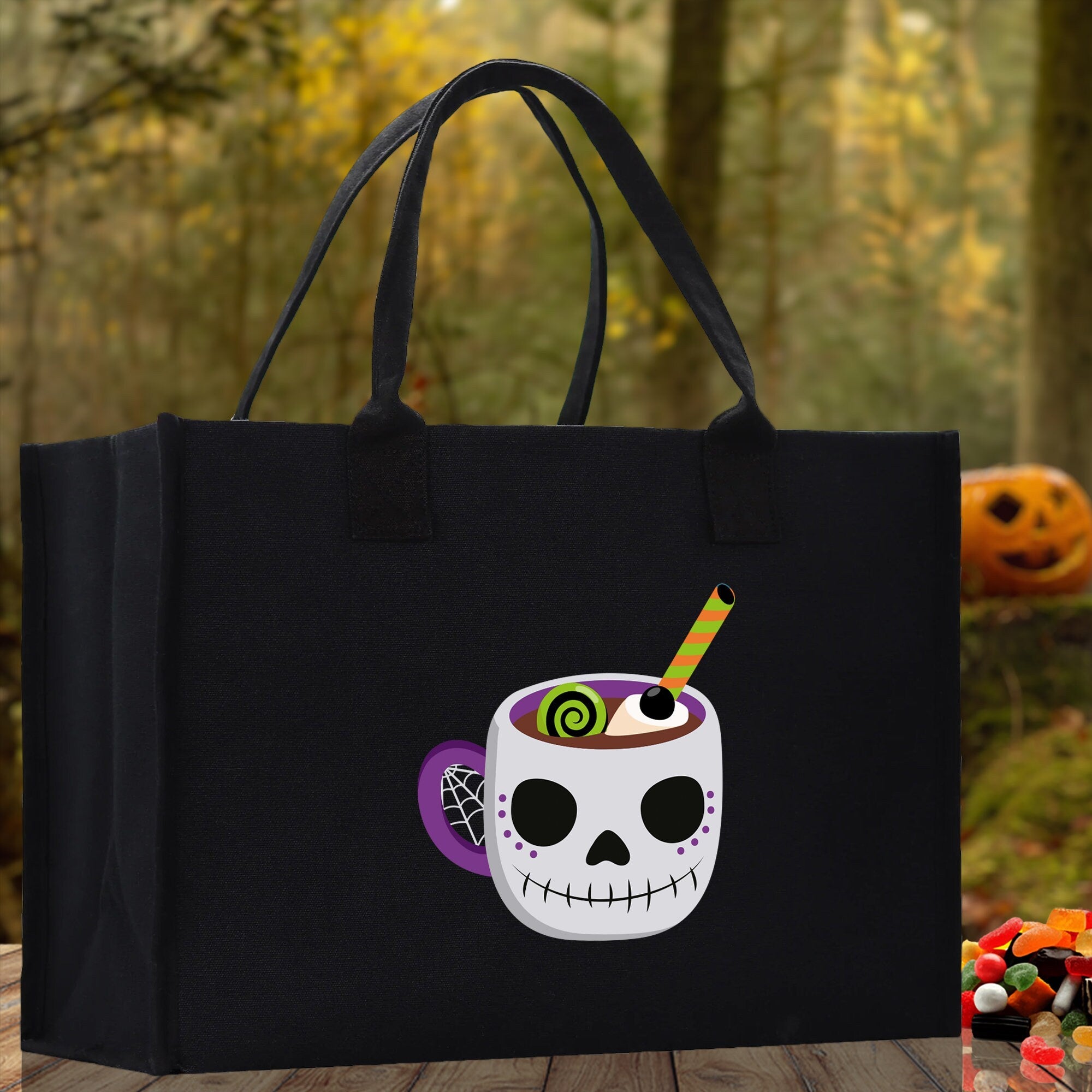 Halloween Trick or Treat Tote Bag Halloween Tote Bag for Kids Halloween Gift Halloween Candy Bag Halloween Doodles Cute Canvas Tote Bag