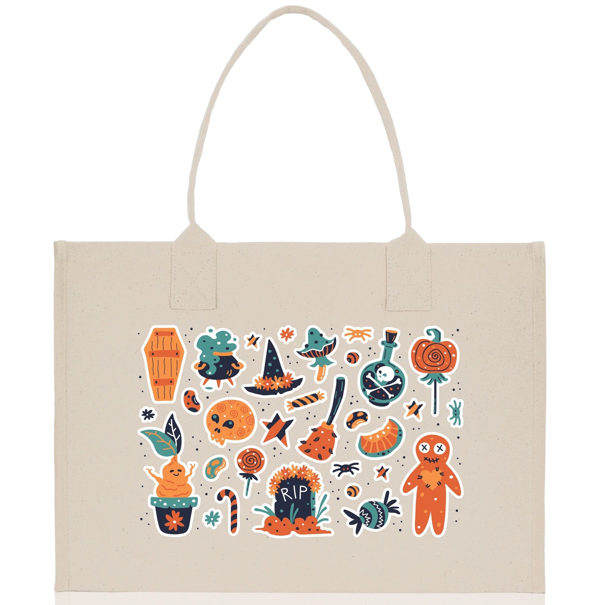 Halloween Trick or Treat Tote Bag Halloween Tote Bag for Kids Halloween Gift Halloween Candy Bag Halloween Doodles Cute Canvas Tote Bag