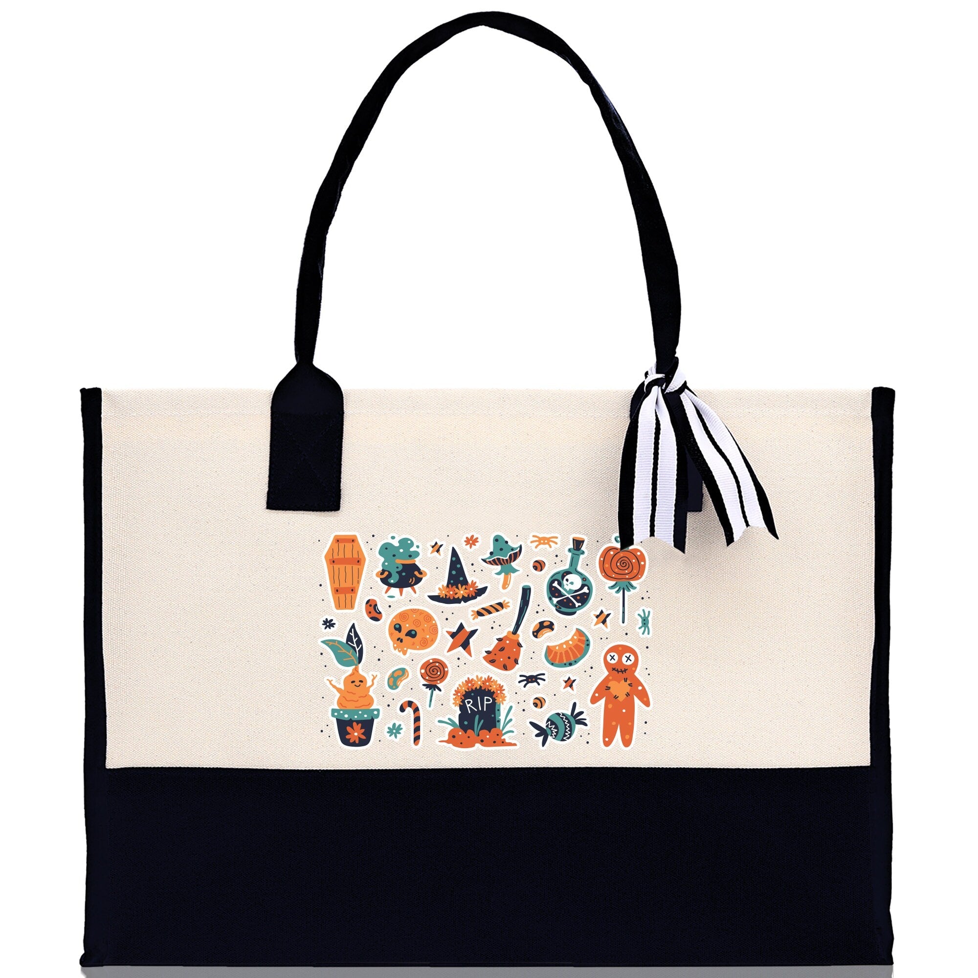 Halloween Trick or Treat Tote Bag Halloween Tote Bag for Kids Halloween Gift Halloween Candy Bag Halloween Doodles Cute Canvas Tote Bag