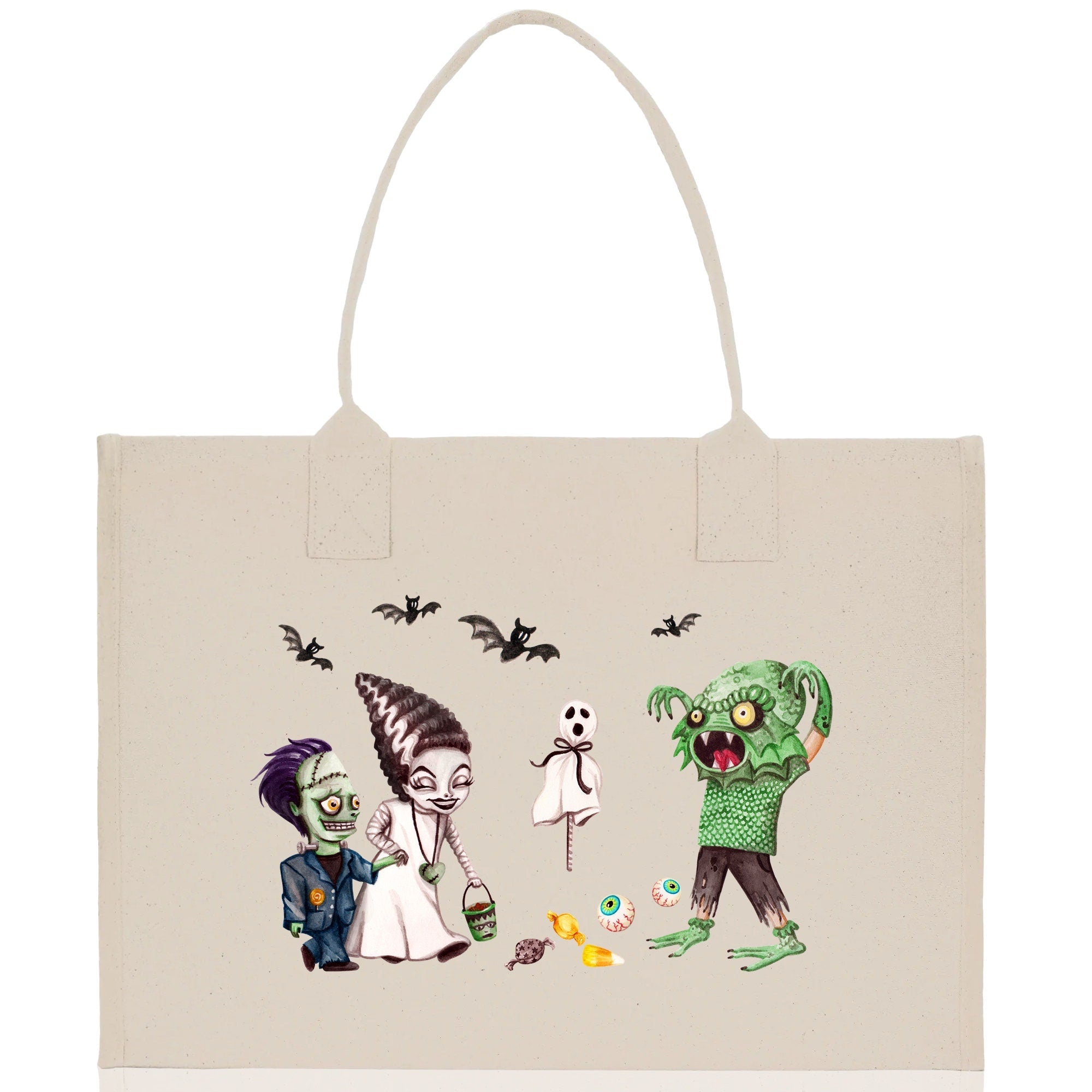 Halloween Trick or Treat Tote Bag Halloween Tote Bag for Kids Halloween Gift Halloween Candy Bag Halloween Doodles Cute Canvas Tote Bag