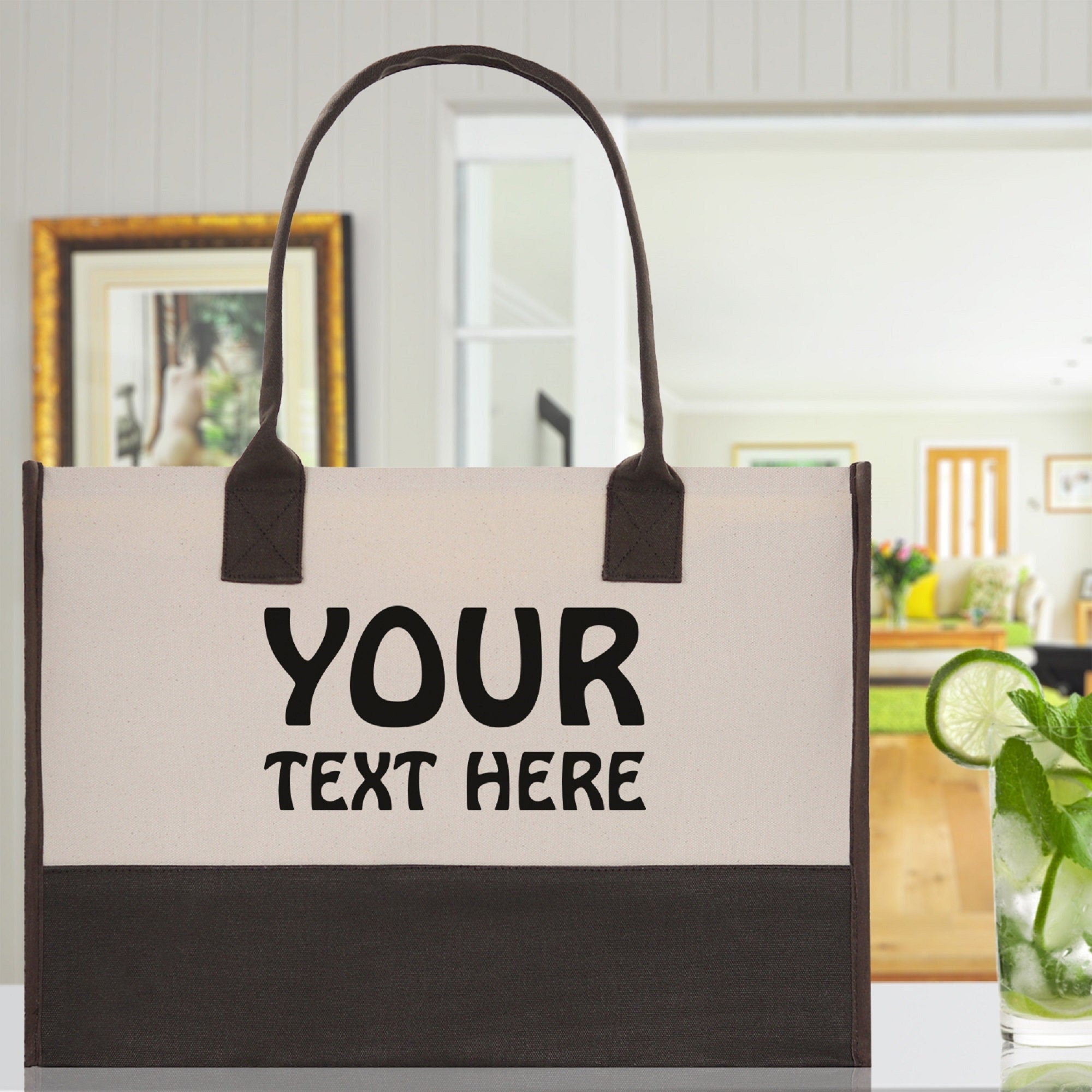 Customized Embroidered Name Tote Bag 100% Cotton Canvas and a Chic Personalized Tote Bag, Beach Bag, Market Bag, Bridesmaid Bag - Brown