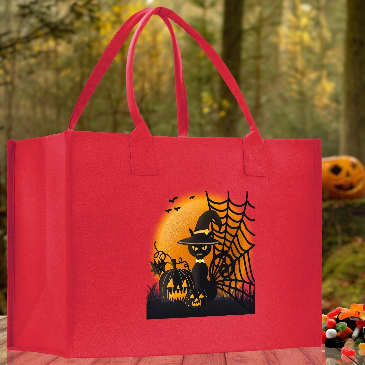 Halloween Trick or Treat Tote Bag Halloween Tote Bag for Kids Halloween Gift Halloween Candy Bag Halloween Doodles Cute Canvas Tote Bag