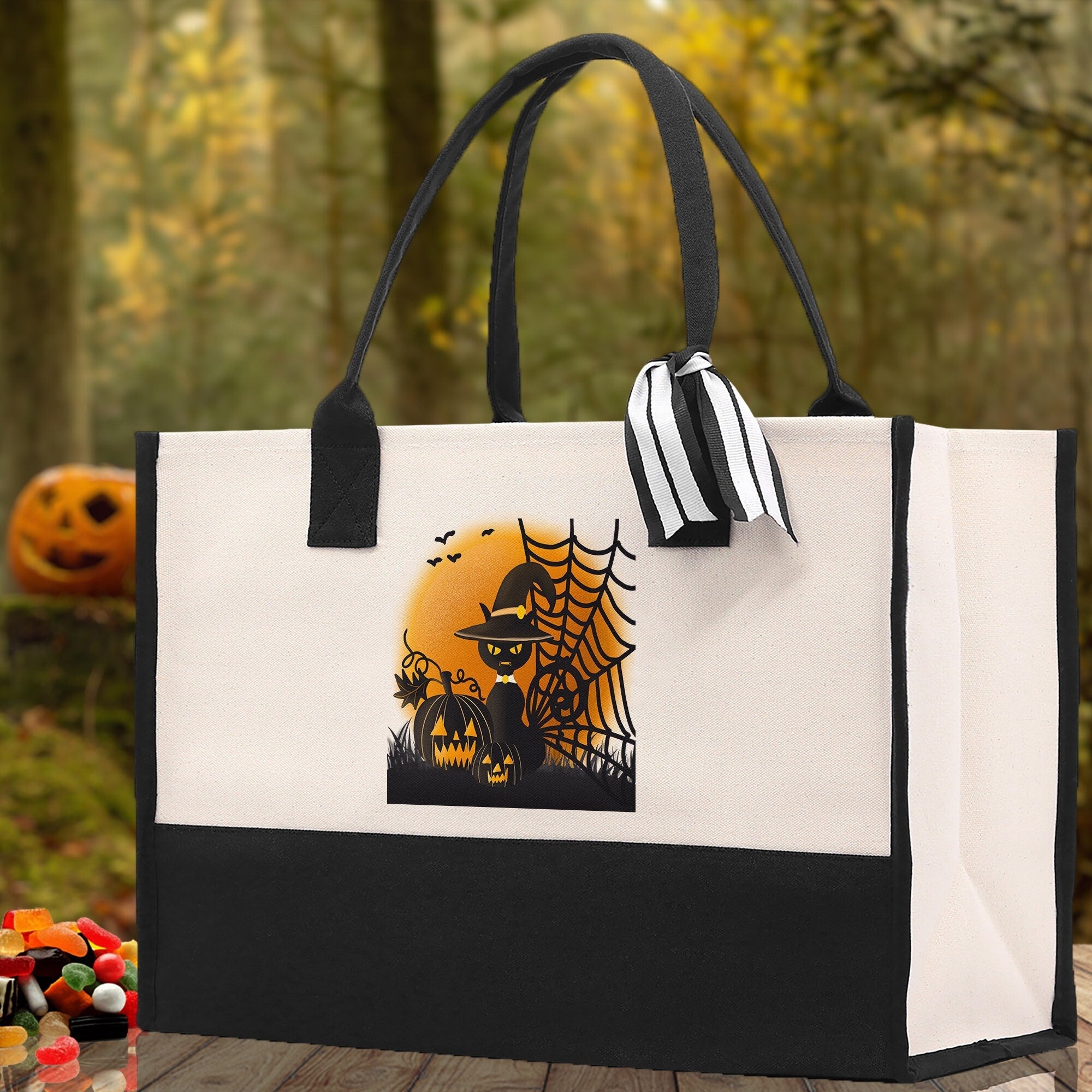 Halloween Trick or Treat Tote Bag Halloween Tote Bag for Kids Halloween Gift Halloween Candy Bag Halloween Doodles Cute Canvas Tote Bag