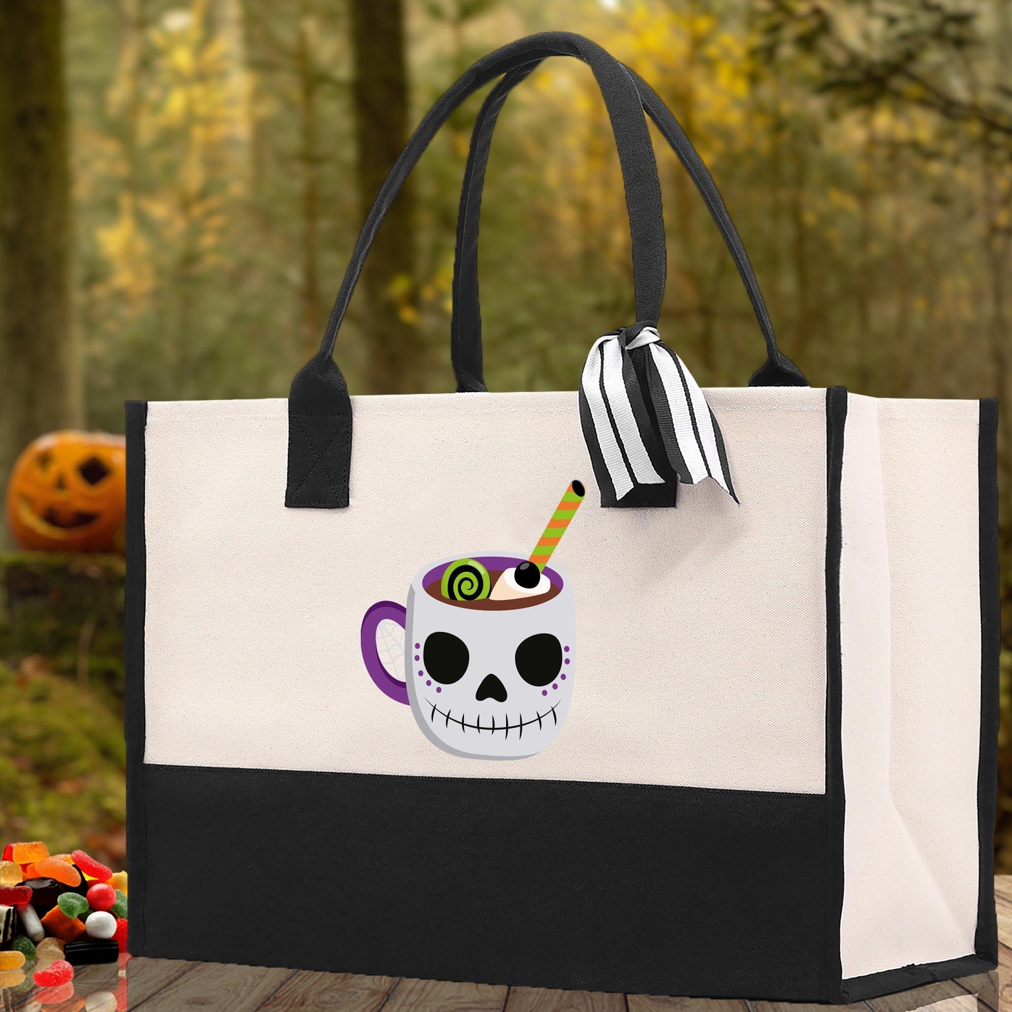 Halloween Trick or Treat Tote Bag Halloween Tote Bag for Kids Halloween Gift Halloween Candy Bag Halloween Doodles Cute Canvas Tote Bag