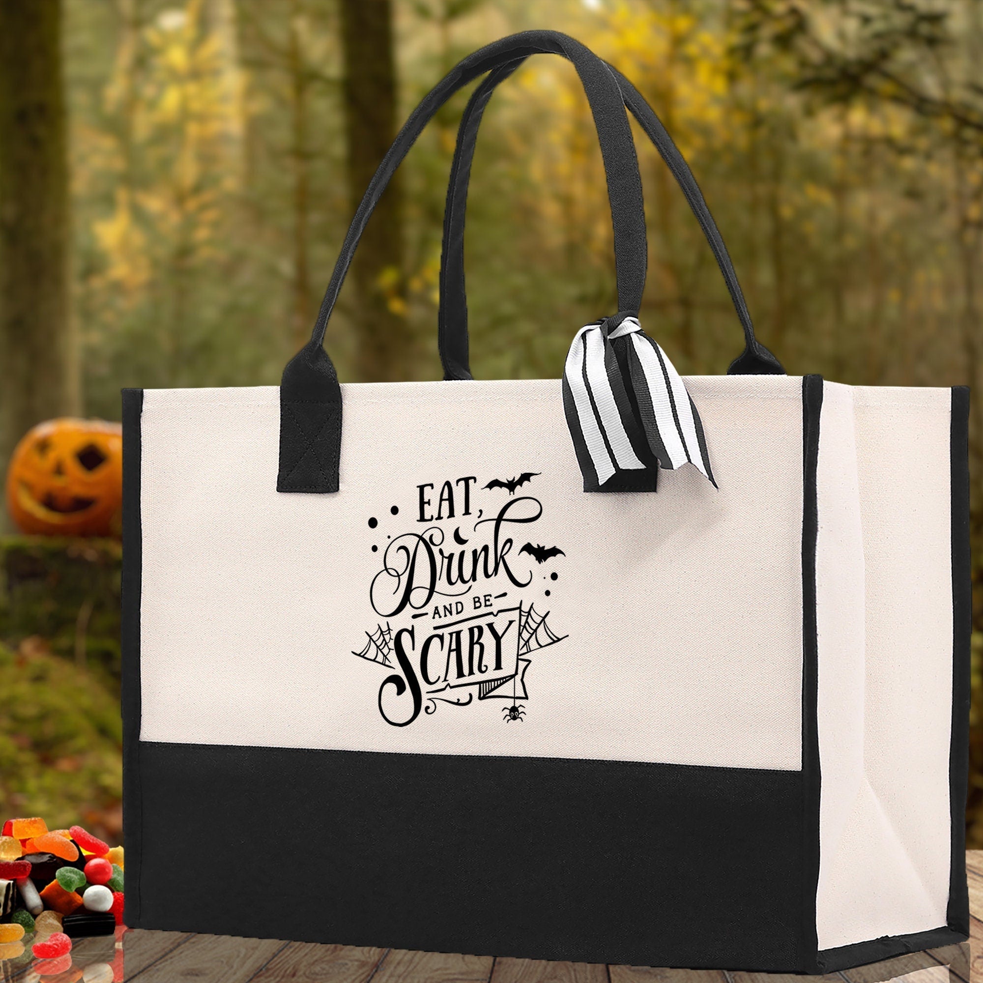 Halloween Trick or Treat Tote Bag Halloween Tote Bag for Kids Halloween Gift Halloween Candy Bag Halloween Doodles Cute Canvas Tote Bag