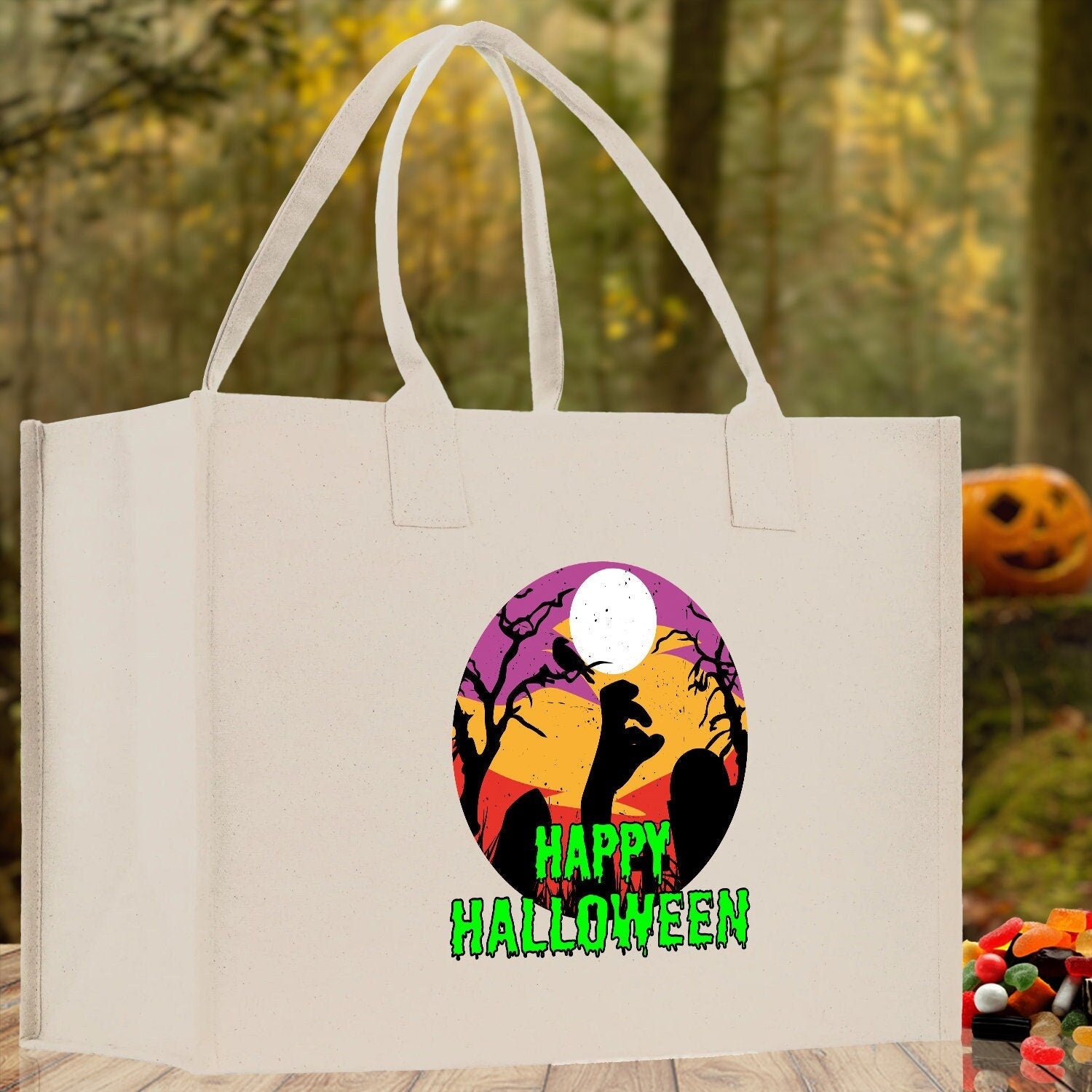 Halloween Trick or Treat Tote Bag Halloween Tote Bag for Kids Halloween Gift Halloween Candy Bag Halloween Doodles Cute Canvas Tote Bag
