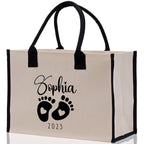 Baby Feet Personalized Name and Date Tote Bag for New Mom Pregnant Mom Shower Gift Baby Footprints Labor & Delivery Chick Tote Carrying Bag