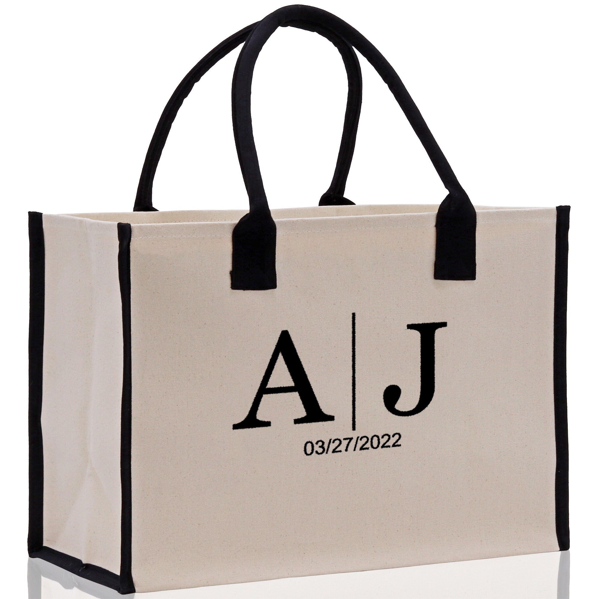 Initials and Date Customized Embroidered Tote Bag 100% Cotton Canvas and Chic Personalized Tote Bag for Bridesmaid Anniversary Wedding Day