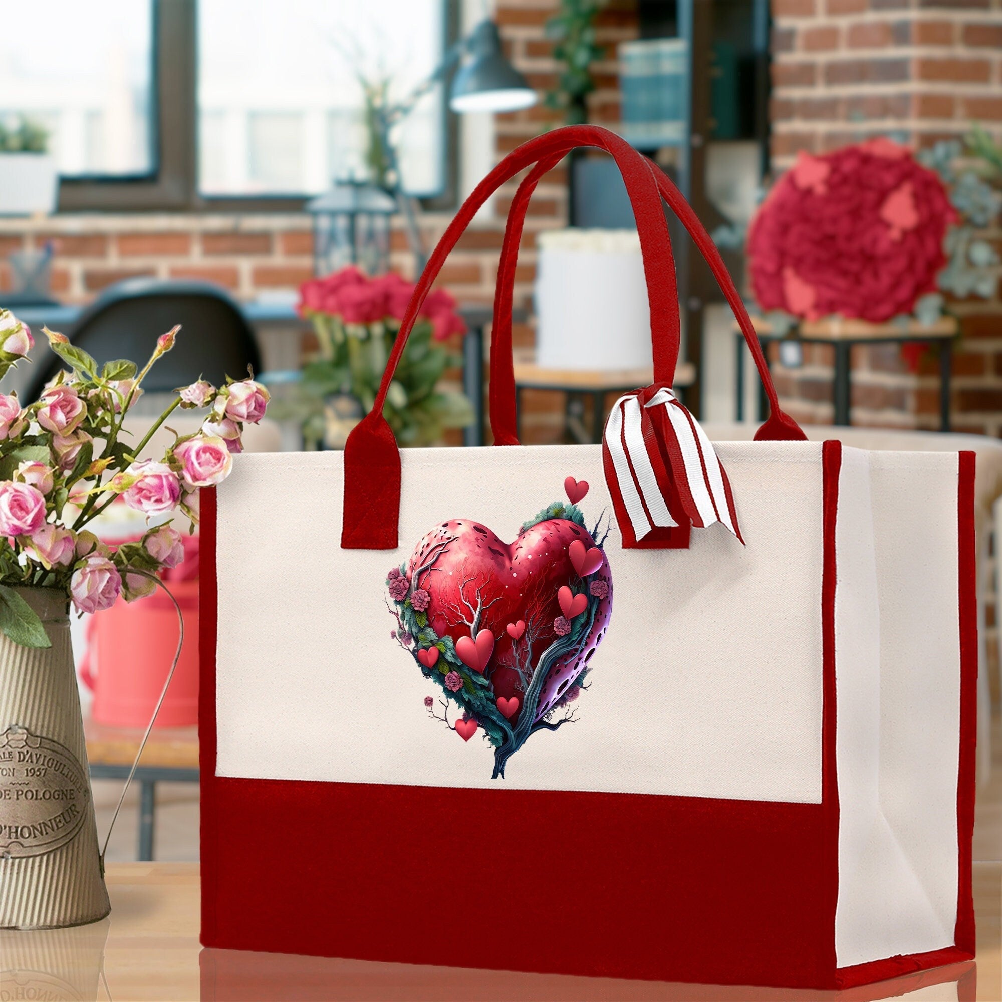 Heart Canvas Tote Bag Happy Valentines Day Gift for Her Love Tote Bag Lovers Gift Mother Day Gift Cute Valentines Gift