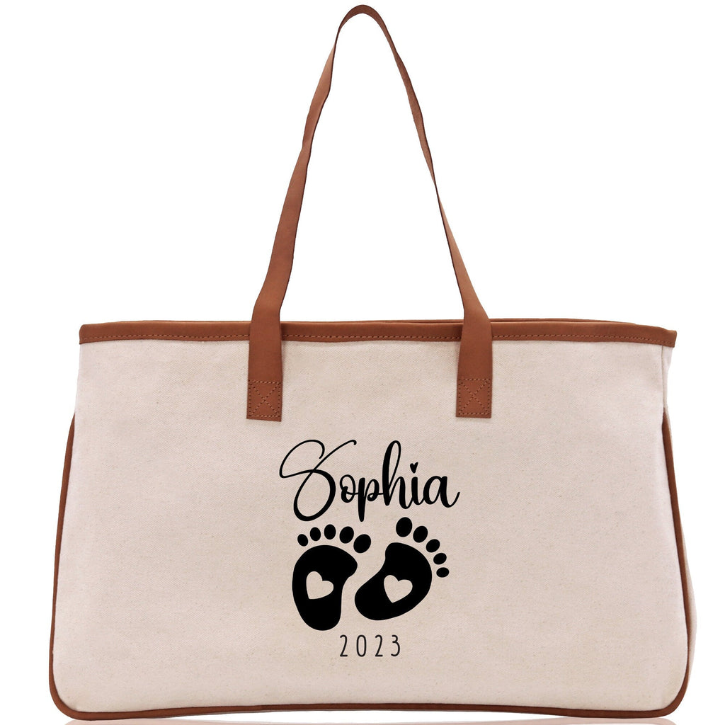 Baby Feet Personalized Name and Date Tote Bag for New Mom Pregnant Mom Shower Gift Baby Footprints Labor & Delivery Chick Tote Carrying Bag