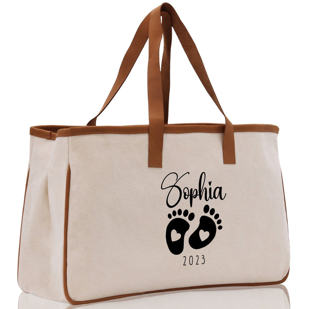Baby Feet Personalized Name and Date Tote Bag for New Mom Pregnant Mom Shower Gift Baby Footprints Labor & Delivery Chick Tote Carrying Bag