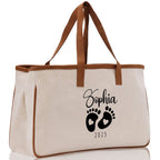 Baby Feet Personalized Name and Date Tote Bag for New Mom Pregnant Mom Shower Gift Baby Footprints Labor & Delivery Chick Tote Carrying Bag