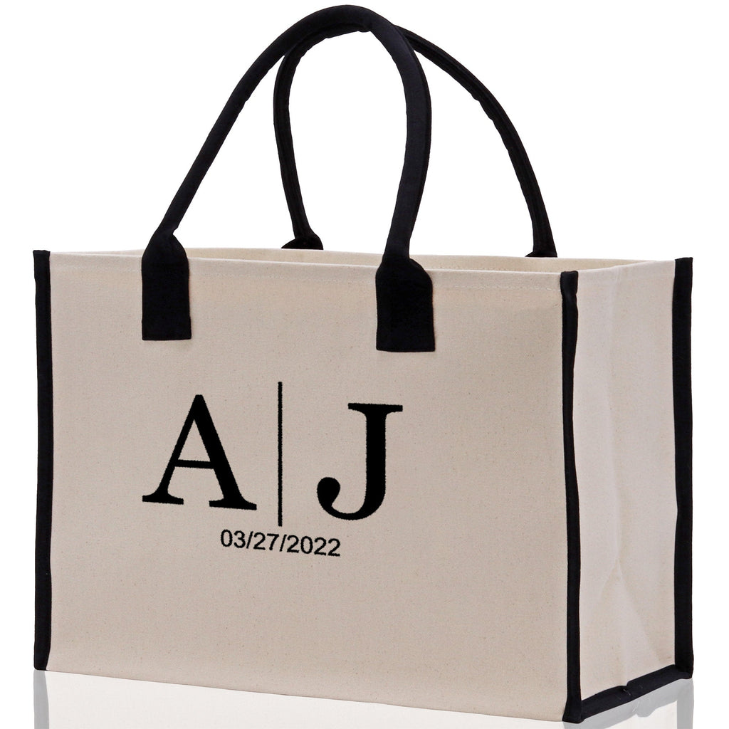 Initials and Date Customized Embroidered Tote Bag 100% Cotton Canvas and Chic Personalized Tote Bag for Bridesmaid Anniversary Wedding Day