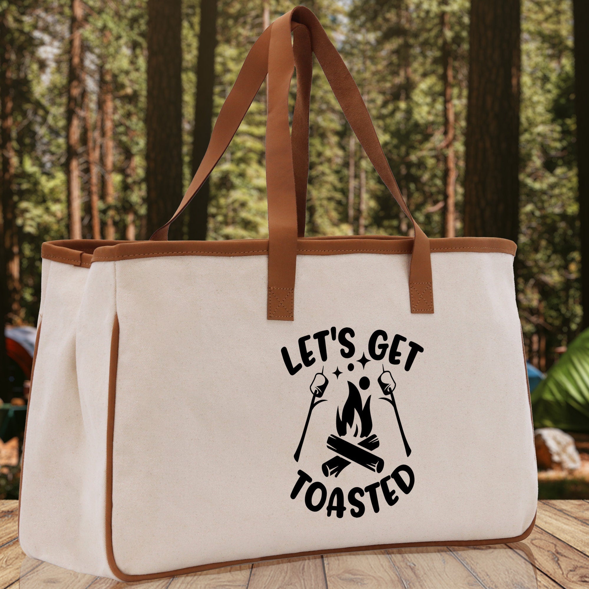 Let's Get Toasted Cotton Canvas Chic Tote Bag Camping Tote Camping Lover Gift Tote Bag Outdoor Tote Multipurpose Weekender Tote Camper Tote