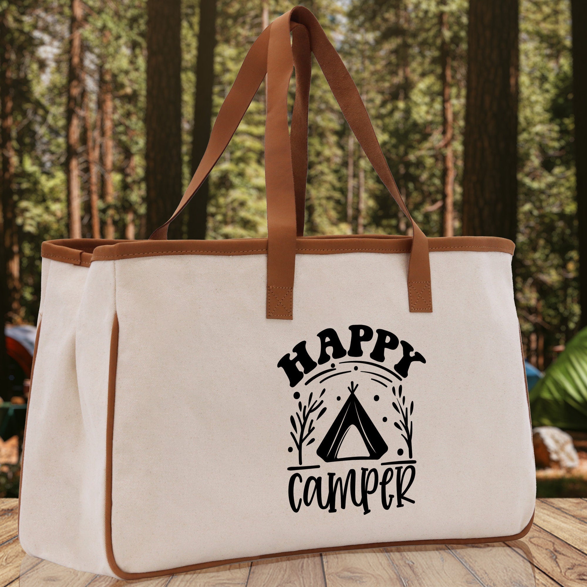 Happy Camper Cotton Canvas Chic Tote Bag Camping Tote Camping Lover Gift Tote Bag Outdoor Tote Weekender Tote Camper Tote Multipurpose Tote