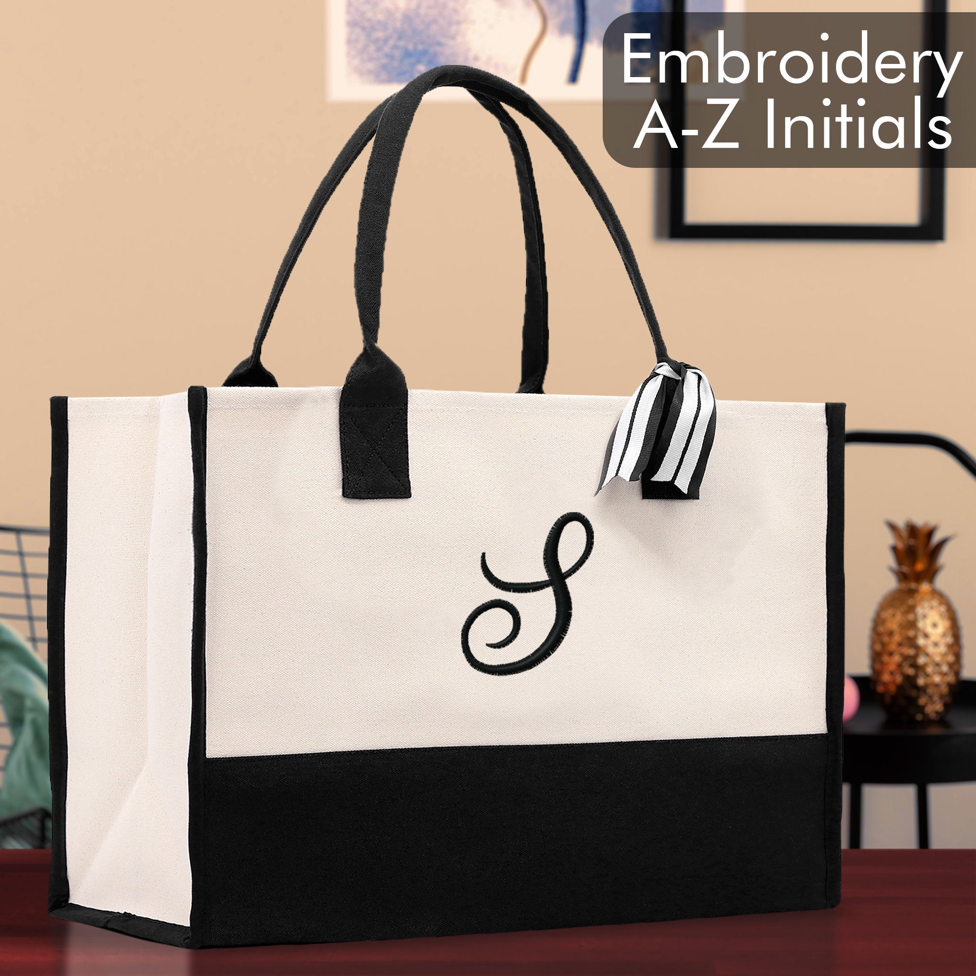 Personalized Cotton Canvas Beach Tote Bag Monogram Tote Bag Initial Canvas Tote Bridesmaid Gift Tote Custom Beach Bag Gift for Her A-Z