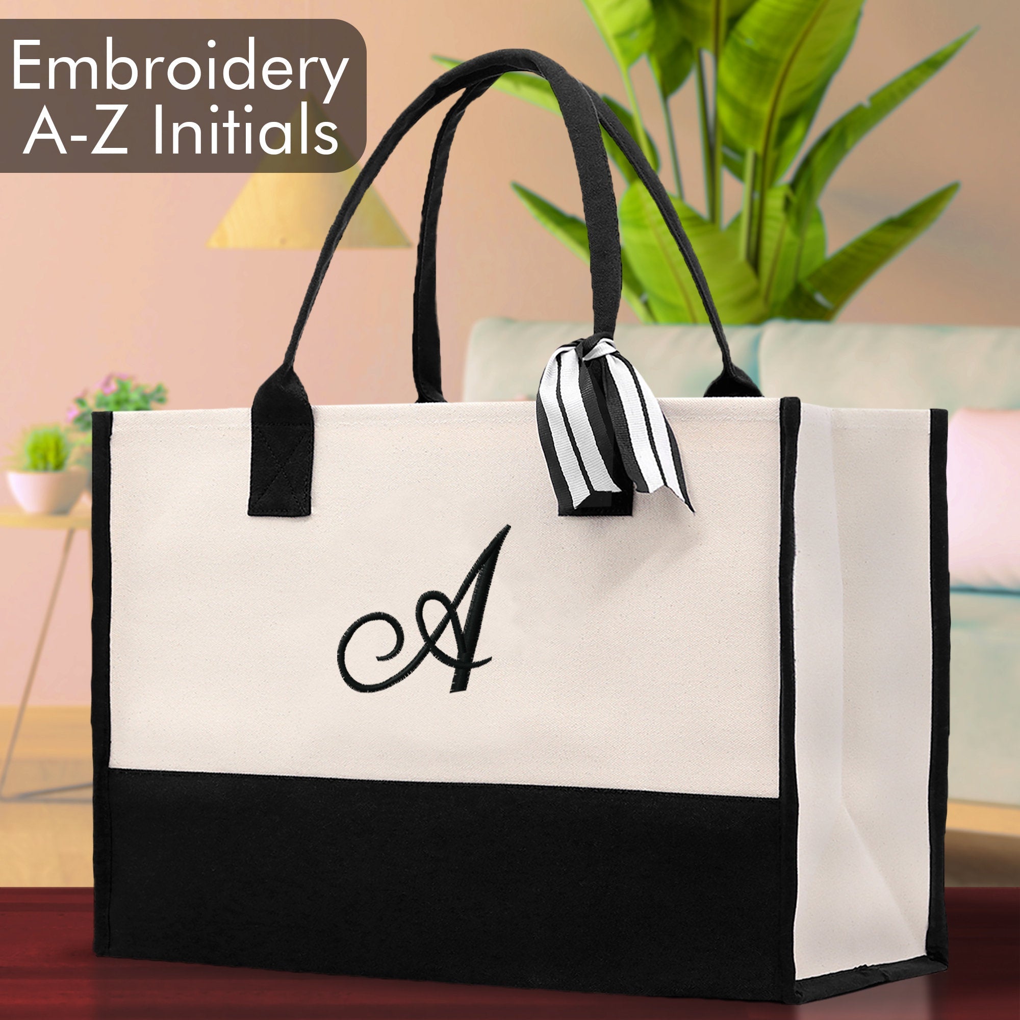 Personalized Cotton Canvas Beach Tote Bag Monogram Tote Bag Initial Canvas Tote Bridesmaid Gift Tote Custom Beach Bag Gift for Her A-Z