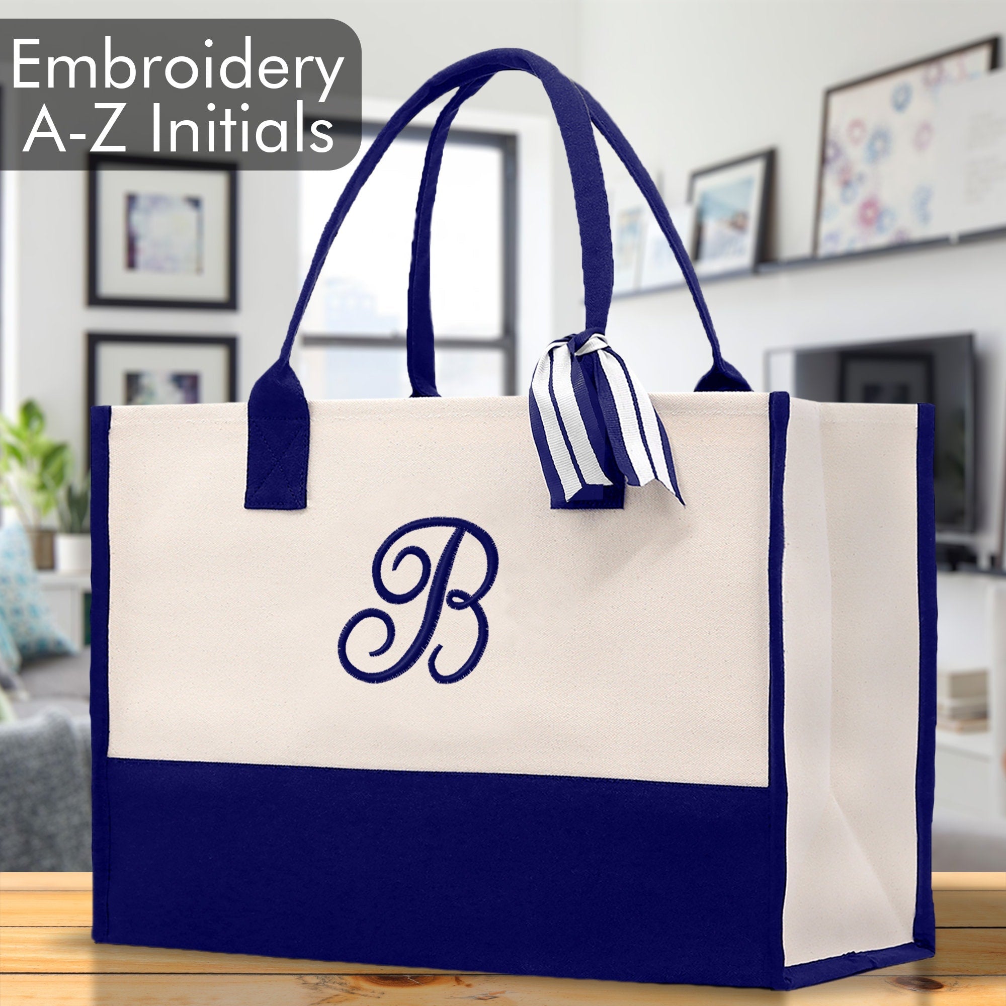Personalized Cotton Canvas Beach Tote Bag Monogram Tote Bag Initial Canvas Tote Bridesmaid Gift Tote Custom Beach Bag Gift for Her A-Z