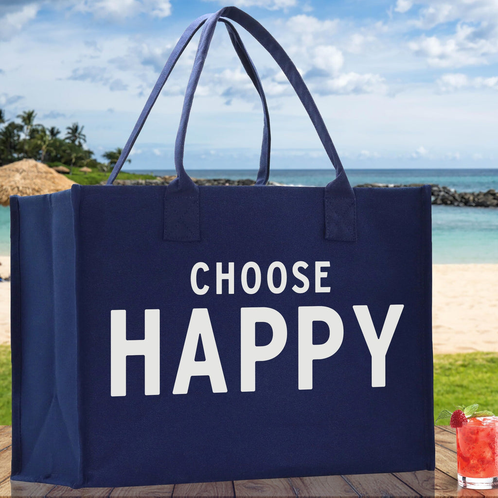 Choose Happy Cotton Canvas Chic Beach Tote Bag Multipurpose Tote Weekender Tote Gift for Her Outdoor Tote Vacation Tote Large Beach Bag