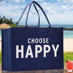 Choose Happy Cotton Canvas Chic Beach Tote Bag Multipurpose Tote Weekender Tote Gift for Her Outdoor Tote Vacation Tote Large Beach Bag