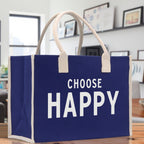 Choose Happy Cotton Canvas Chic Beach Tote Bag Multipurpose Tote Weekender Tote Gift for Her Outdoor Tote Vacation Tote Large Beach Bag