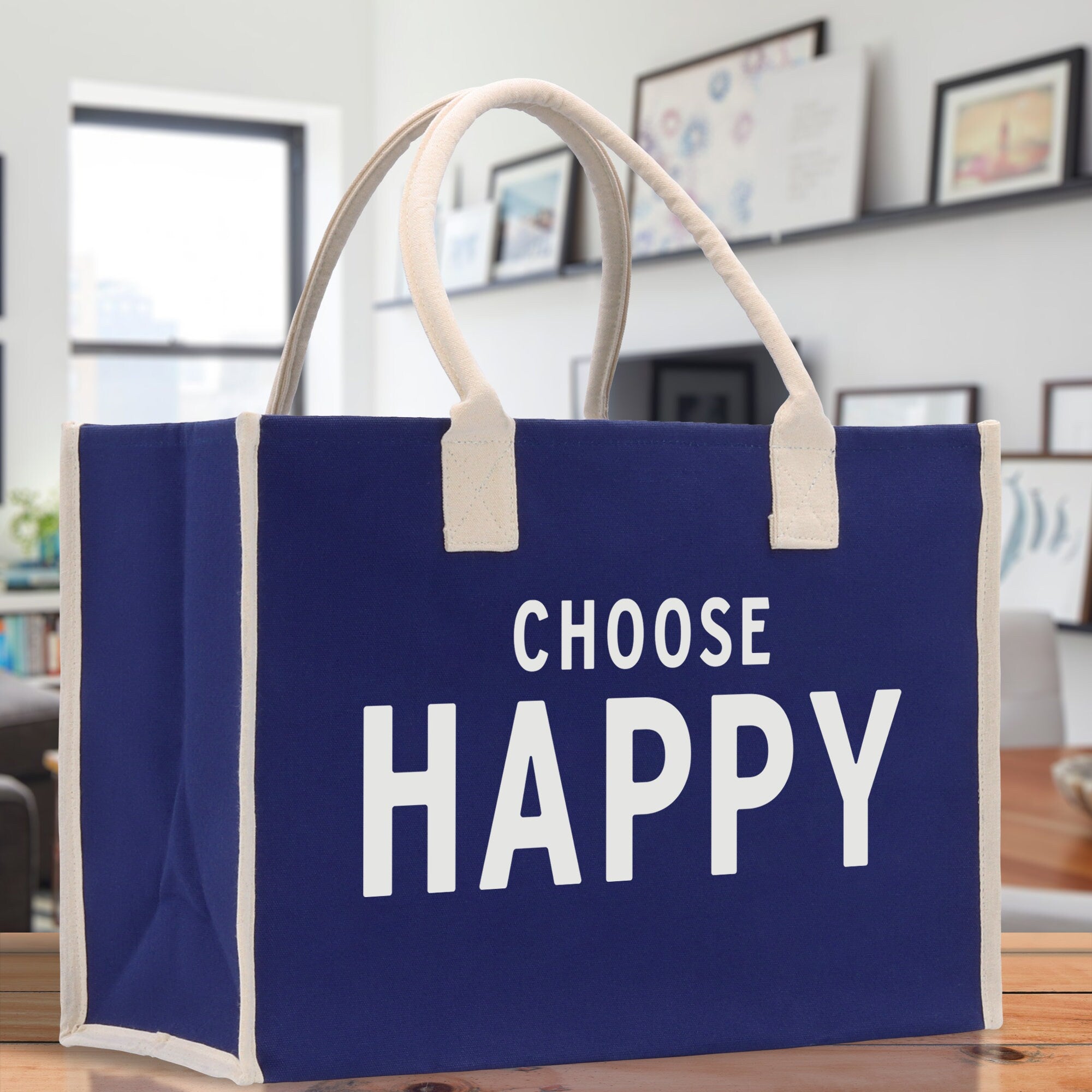 Choose Happy Cotton Canvas Chic Beach Tote Bag Multipurpose Tote Weekender Tote Gift for Her Outdoor Tote Vacation Tote Large Beach Bag